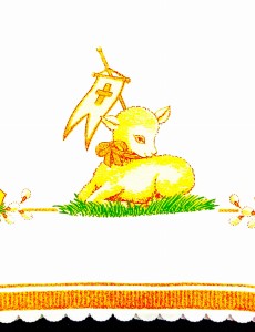 ŚWIĄTECZNY BIEŻNIK Z ELEGANCKIM WIELKANOCNYM MOTYWEM BARANKA W STONOWANYCH BARWACH BIELI ORAZ ZŁOTA PRODUCENT EUROTEX