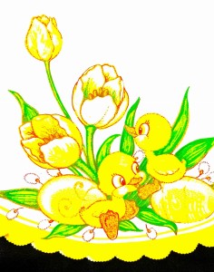 ŚWIĄTECZNY BIEŻNIK ZE STYLOWYM WZOREM WIELKANOCNYM KURCZACZKI W WIOSENNEJ BARWIE ŻÓŁTEJ ORAZ BIAŁEJ PRODUCENT EUROTEX