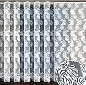 WYTWORNA FIRANA ŻAKARDOWA W KOLORZE BIAŁYM Z EFEKTOWNYM WZOREM FLORYSTYCZNYM DUŻE LIŚCIE MONSTERY WYSOKOŚĆ 180 CM 250 CM PRODUCENT HAFT KALISZ