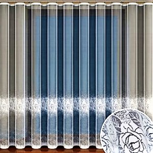 EFEKTOWNA FIRANKA ŻAKARD W BIAŁYM KOLORZE Z DWOMA EFEKTOWNYMI SZLAKAMI W POSTACI KWIATOWEGO ORNAMENTU WYSOKOŚĆ 250 CM PRODUCENT HAFT KALISZ