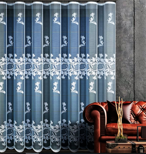 PIĘKNA FIRANKA Z BIAŁEGO ŻAKARDU Z EFEKTOWNYM WZOREM I DWOMA SZEROKIMI SZLAKAMI ZE STYLOWYM ORNAMENTEM WYSOKOŚĆ 160 CM 250 CM PRODUCENT HAFT KALISZ